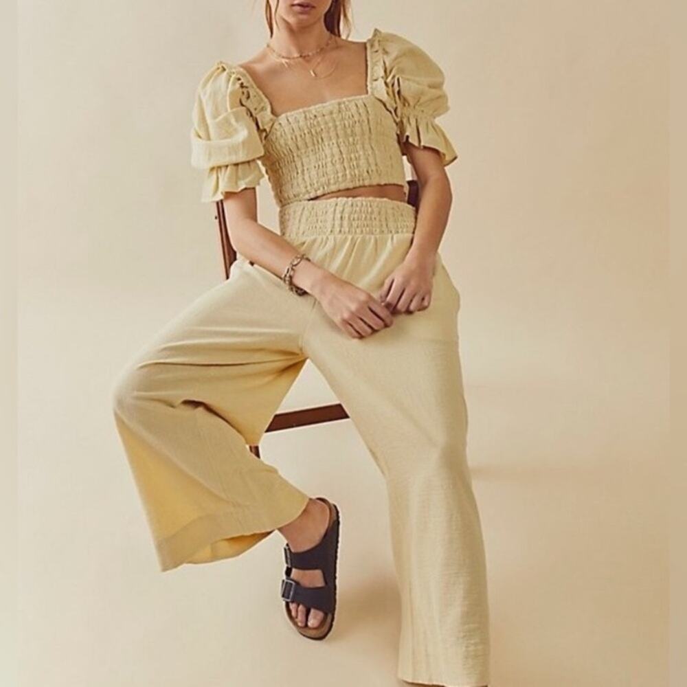 Free People At Ease Two Piece Set Light Yellow Gauzy Crop Top Wide Leg Pants